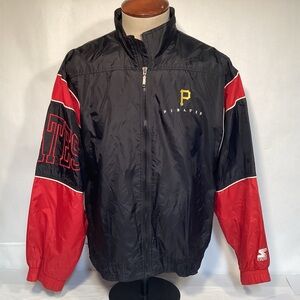Vintage STARTER  Pittsburgh Pirates Men's Black and Red Windbreaker Size Medium